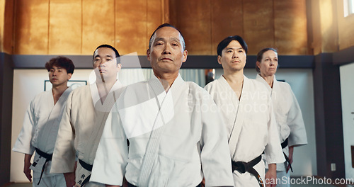 Image of Japanese man, face and sensei in aikido for respect, honor and dignity with group in martial arts class. Portrait of male person or people in commitment for self defense, training or practice at gym