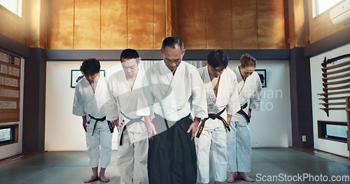 Image of Martial arts group, men and bow for exercise, respect or honor for fight, conflict or competition in dojo. Senior Japanese sensei, black belt students and aikido with training, workout or discipline