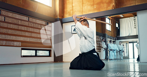 Image of Aikido sword, mature sensei and man teaching class, self defense or combat technique. Martial arts, Japanese person and wooden weapon for skills development, attack demonstration or bokken strike