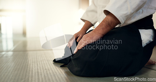 Image of Asian man, student or bow in dojo for respect, greeting or honor to master at indoor gym. Closeup of male person or karate trainer bowing for etiquette, attitude or commitment in martial arts class