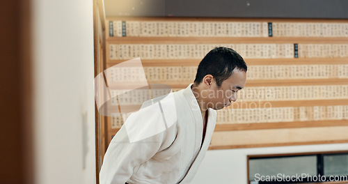 Image of Bow, karate or people in dojo for martial arts for fitness, discipline or self defense for respect or honor. Kung fu, workout or Asian men walking in training for fighting, wellness or combat sports