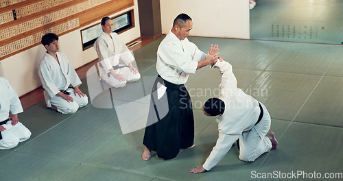 Image of Aikido, class and fight with a master in martial arts with student in self defence, discipline and training. Technique, demonstration or Japanese sensei with black belt skill in fighting or education