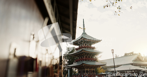 Image of Building, architecture and Japanese temple, traditional and outdoor for travel, religion and worship. Nature, landscape and tourism in Fushimi Inari Taisha Shrine, Kyoto with landmark and pagoda