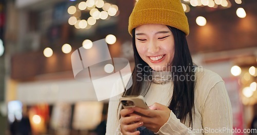 Image of Phone, search and Japanese woman in city for travel, chat or map navigation outdoor. Smartphone, smile or happy lady person in Japan with app for location, guide or taxi, service or chauffeur request