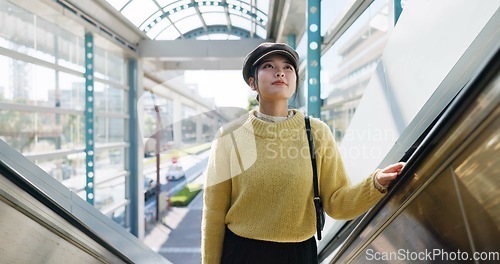 Image of Woman, escalator and Japanese holiday or journey destination booking, airport or travel. Female person, Tokyo and passenger or boarding international flight or adventure explore, vacation or tour