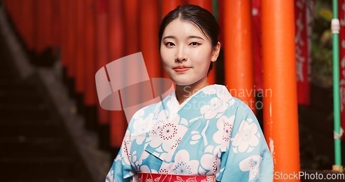 Image of Woman, Japanese and portrait in traditional kimono at culture temple for Tokyo, worship or spiritual. Female person, face and shinto building for heritage history dress for peace, buddhism or local