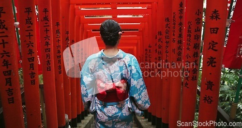 Image of Woman, Japanese and temple or back for traditional culture for respect Tokyo travel, spirituality or history. Female person, kimono and walking staircase at shinto building, worship peace or explore