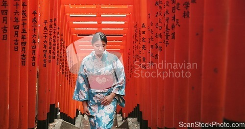 Image of Woman, Japanese and walking at temple in traditional kimono or Tokyo for worship, respect or faith. Female person, shinto building and stairs for heritage peace or outdoor journey, travel or history