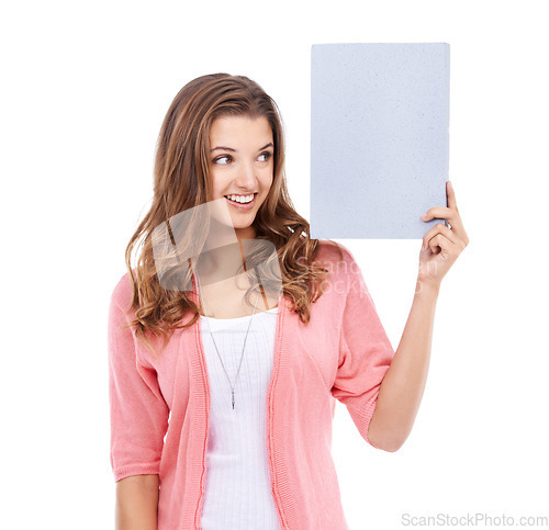 Image of Woman, blank board and smile for mockup space in studio, paper and bulletin for announcement. Happy female person, poster and placard for promotion and advertisement, news and white background