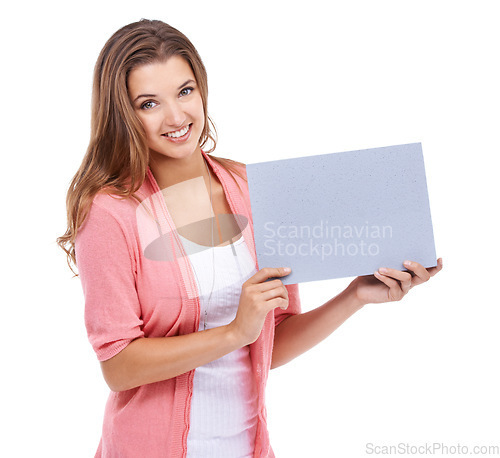 Image of Woman, blank poster and portrait by mockup space in studio, paper and bulletin for announcement. Happy female person, board and placard for promotion and advertisement, news and white background