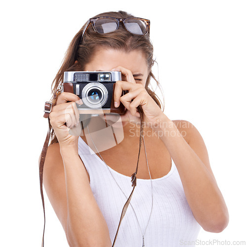 Image of Woman, photographer and retro camera in studio for creative media, content creation and paparazzi magazine on white background. Journalist, photography and lens for art production, blog or photoshoot