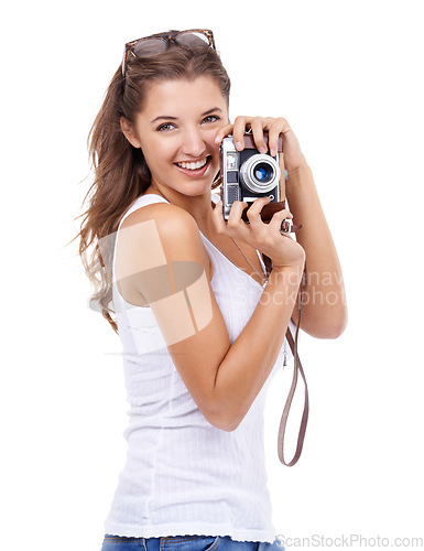 Image of Photographer, woman or portrait with retro camera in studio for photoshoot, content creation and production on white background. Happy journalist, photography or creative media for paparazzi magazine