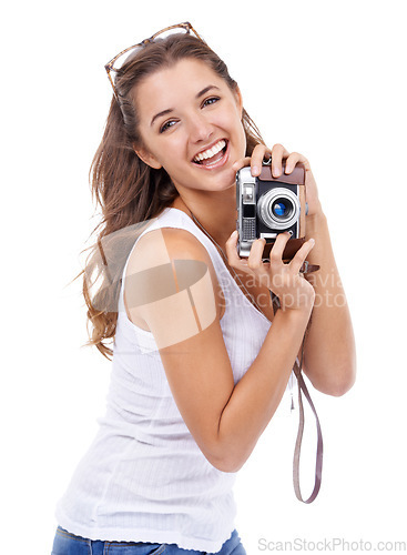 Image of Photography woman or smile with retro camera in studio for photoshoot, content creation or media on white background. Portrait, excited journalist or photographer for paparazzi magazine, blog and art