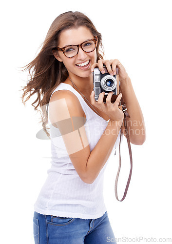 Image of Photography, portrait or happy woman with retro camera in studio for media production, content creation or art blog on white background. Journalist, photographer and photoshoot for paparazzi magazine