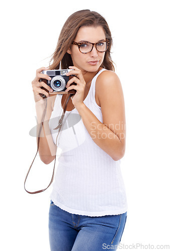 Image of Photographer, portrait or woman with retro camera in studio for multimedia production, photoshoot and art blog on white background. Journalist, photography and content creation for paparazzi magazine