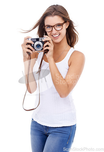 Image of Photographer, portrait or happy woman with retro camera for photoshoot, art blog or creative production in studio on white background. Journalist, photography or content creator of paparazzi magazine