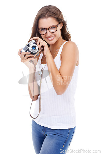 Image of Photographer, happy woman and retro camera in studio for creative photoshoot, art blog and media production on white background. Portrait, journalist and photography for content creation of magazine