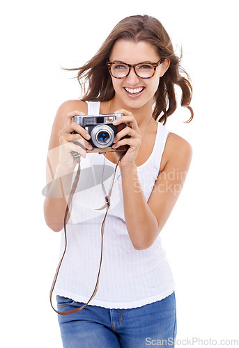 Image of Photographer, happy woman or retro camera in studio for creative photoshoot, art blog or media production on white background. Excited journalist, photography or content creator of paparazzi magazine