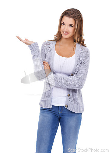 Image of Smile, portrait and woman with hand pointing in studio for announcement, news or checklist on white background. Information, face and female model show promotion, feedback or review, deal or platform