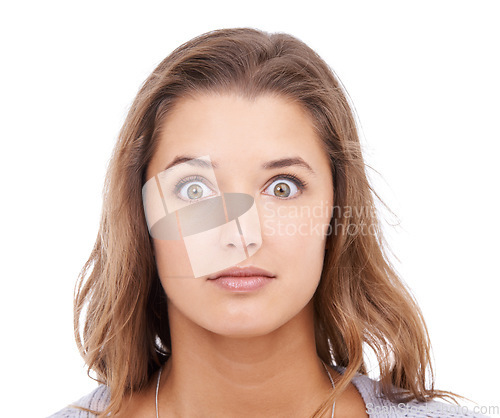 Image of Wow, surprise and portrait of woman in studio with shocking news, gossip or secret on white background. Eyes, face and female model with alarm, emoji or mind blown by unexpected drama, info or story
