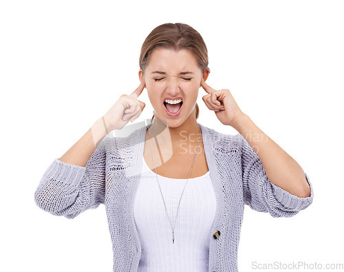 Image of Fingers in ears, stress and screaming woman in studio for noise, volume or sensitive on white background. Anxiety, fear and female model with panic attack, gesture or frustrated by tinnitus disaster