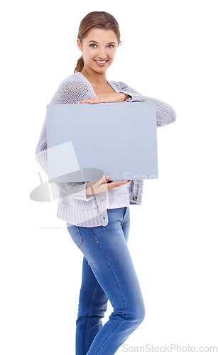 Image of Poster, mockup and portrait of woman with board, broadcast space or advertising promotion in studio on white background. Happy model, presentation and sign for feedback, offer or information about us