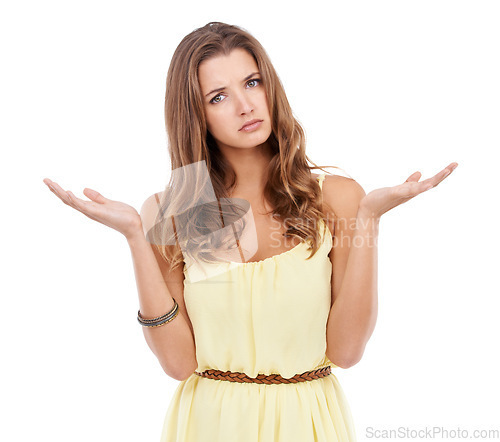 Image of Im not sure, do you know. Portrait of woman, confused with hands out and questions isolated on white background. Why, doubt and gen z girl with problem, frustrated gesture and in studio.