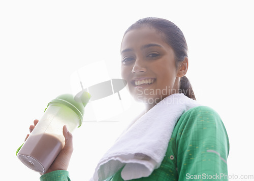 Image of Sports, drink and portrait of happy woman with protein shake for health, wellness and energy benefits in exercise. Outdoor, fitness or person with smoothie for nutrition in diet on white background