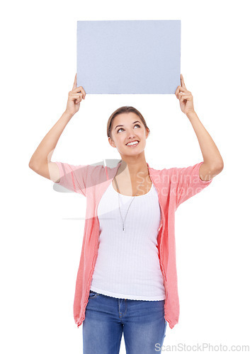 Image of Woman, blank poster and smile for mockup space in studio, paper and bulletin for announcement. Happy female person, board and placard for promotion and advertisement, news and white background