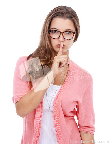 Image of Portrait, silence and woman with finger on the lips, whisper and model isolated on white studio background. Face, person and girl with noise control, privacy and shush emoji with secret and news