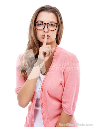 Image of Portrait, secret and woman with finger on the lips, news and model isolated on white studio background. Face, person and girl with noise control, privacy and shush emoji with whisper and hand gesture