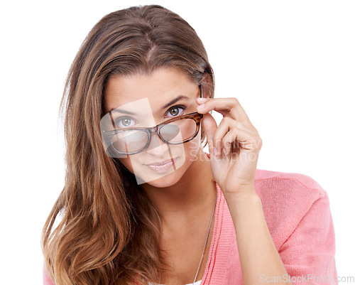 Image of Woman, portrait and glasses for optometry wellness in studio, eyecare and prescription on white background. Female person, insurance and spectacles for eyesight, frame and optic lenses for support