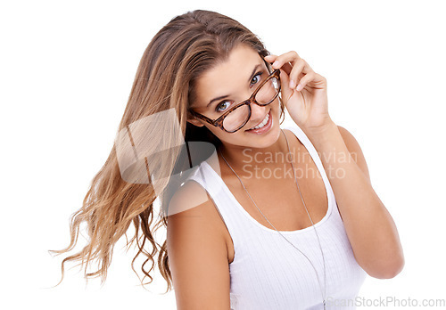 Image of Woman, portrait and glasses for eyesight in studio, eyecare and prescription on white background. Happy female person, ophthalmology and spectacles for wellness, frame and optic lenses for vision