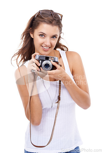 Image of Photographer, woman and portrait with retro camera in studio for photoshoot, content creation and paparazzi magazine on white background. Happy journalist, photography or lens for creative production