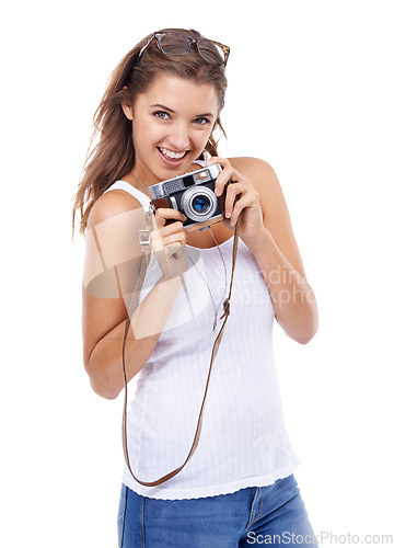 Image of Photography, happy woman and portrait with retro camera in studio for photoshoot, content creation or paparazzi magazine on white background. Journalist, photographer and lens for artistic production