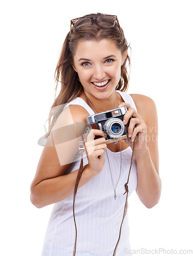 Image of Happy woman, photographer and portrait with retro camera for creative media, content creation and paparazzi magazine in studio on white background. Journalist, photography and lens for art production