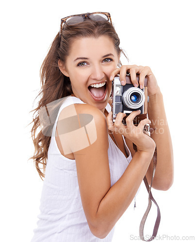 Image of Photographer, excited woman or portrait with retro camera in studio for photoshoot, content creation or paparazzi magazine on white background Happy journalist, photography or creative art production