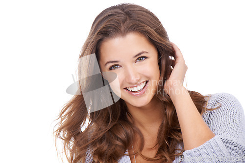 Image of Hair, portrait and happy woman in studio for beauty, treatment or shampoo results on white background. Haircare, smile and female model with conditioner, shine or texture, growth and satisfaction