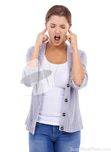 Image of stress, noise or woman screaming with fingers in ears in studio for volume, sensitive or stop on white background. Anxiety, fear or lady model with panic gesture, sound or frustrated by tinnitus