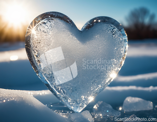 Image of Piece of ice in the shape of a heart illuminated by rays of sunl