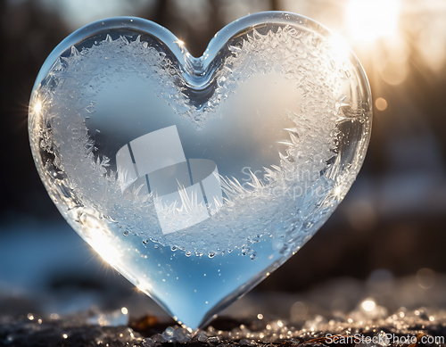 Image of Beautiful ice heart covered with frost and illuminated by sunlig