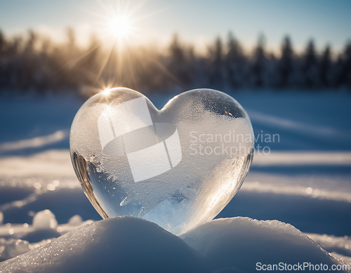 Image of Beautiful ice heart covered with frost and illuminated by sunlig