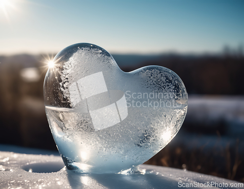 Image of Beautiful ice heart covered with frost in the snow melting in th