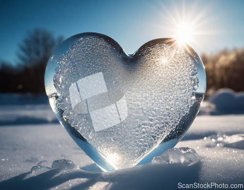 Image of Beautiful ice heart covered with frost in the snow melting in th