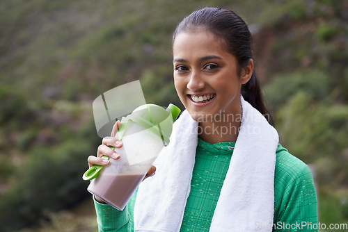 Image of Sports, drink and portrait of woman with protein shake in bottle for health, wellness and energy benefits for exercise. Outdoor, hiking or person with smoothie for nutrition in diet after workout