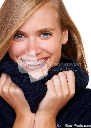 Image of Happy, portrait and woman with winter fashion in studio with cool, trendy and comfortable outfit. Face, smile and female model with texture satisfaction from cosy, style or casual clothing choice