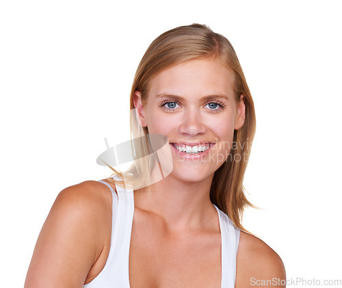 Image of Hair care, blonde or portrait of happy woman in studio or salon for keratin growth, healthy shine or beauty. Mockup space, texture or female model with natural hairstyle or glow on white background