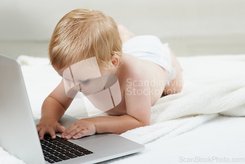 Image of Baby, learning and playing on laptop in home with online games for education or elearning. Happy, child and relax with cartoon, movies or development of knowledge of technology for growth and fun