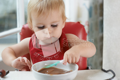 Image of Hungry, sweet and baby eating porridge for health, nutrition or child development at home. Food, cute and girl toddler or kid enjoying an organic puree meal for lunch or dinner in high chair at house