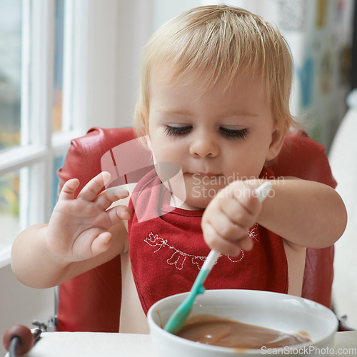 Image of Hungry, cute and baby eating porridge for health, nutrition or child development at home. Food, sweet and girl toddler or kid enjoying an organic puree meal for lunch or dinner in high chair at house